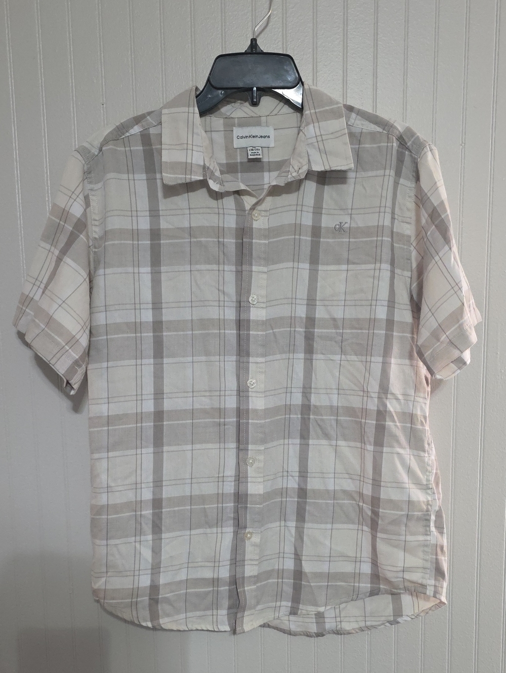 Boys XL Calvin Klein Jeans Beige & Cream Plaid Short Sleeve Button-Down Shirt